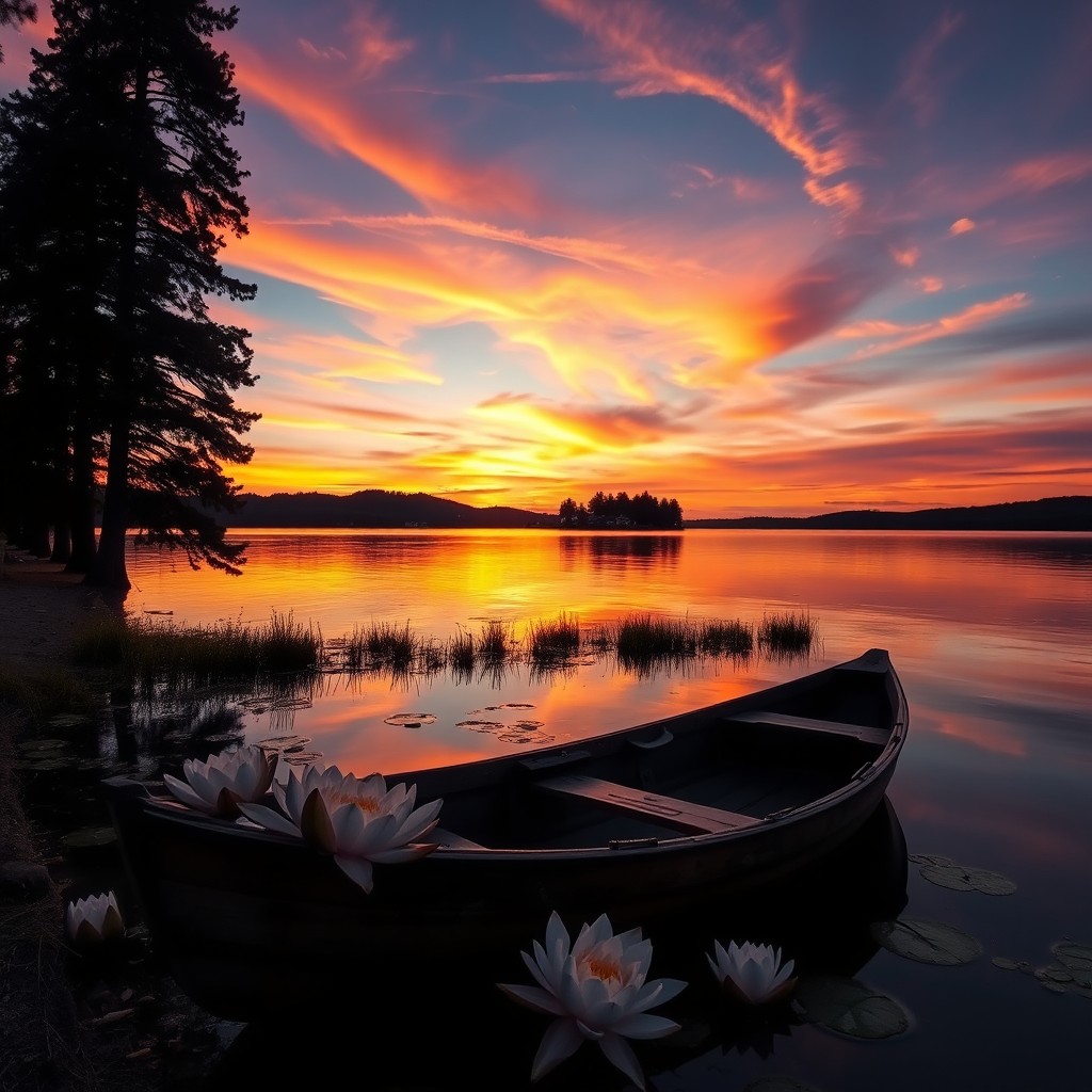 A serene, picturesque sunset over a calm lake, with vibrant orange, pink, and purple hues reflecting beautifully on the water's surface