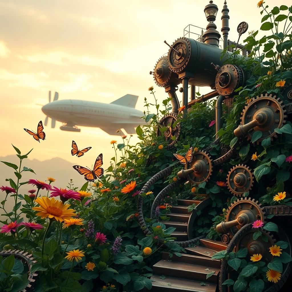 An intricate and whimsical steampunk-inspired mechanical garden, featuring lush green plants intertwined with gears, cogs, and steampunk machinery