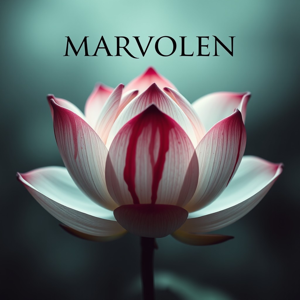 A striking and artistic representation of a lotus flower with detailed petals, featuring dramatic blood splatters that create a stark contrast against the beautiful flower