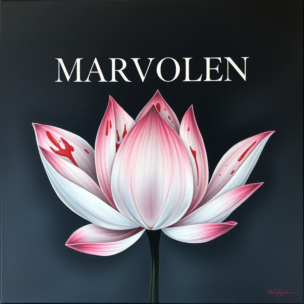 A striking painting of a lotus flower featuring deep red blood-like splotches on its petals, symbolizing a contrast between beauty and pain