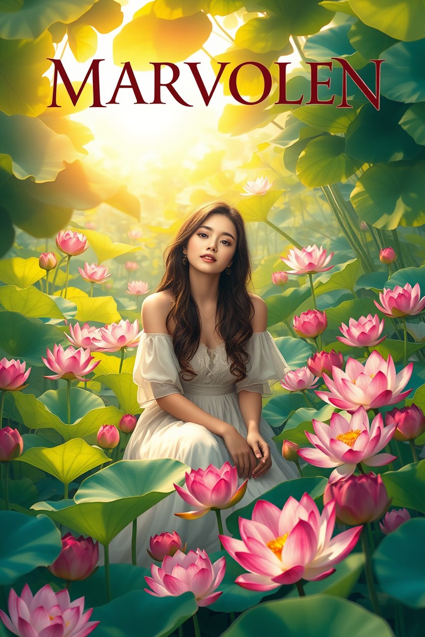 A beautiful young woman sitting peacefully amidst a lush setting filled with vibrant lotus flowers