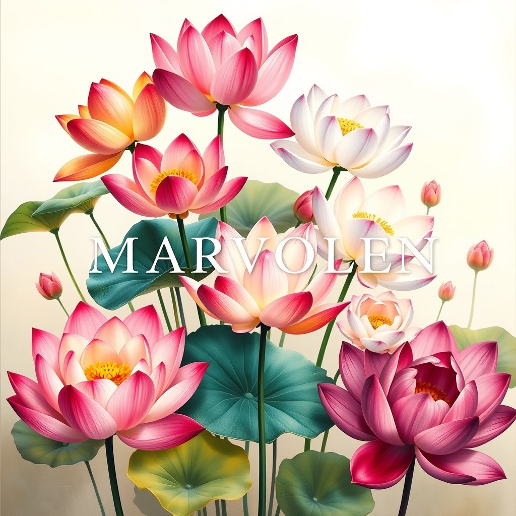 An exquisite artwork featuring a collection of lotus flowers in various vibrant colors and elegant shapes