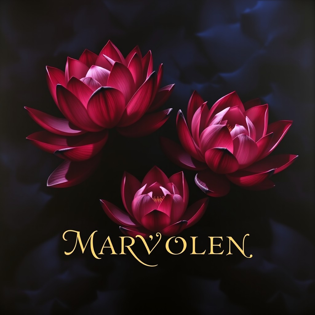 An elegant artwork featuring a dramatic display of lotus flowers set against a dark and moody background