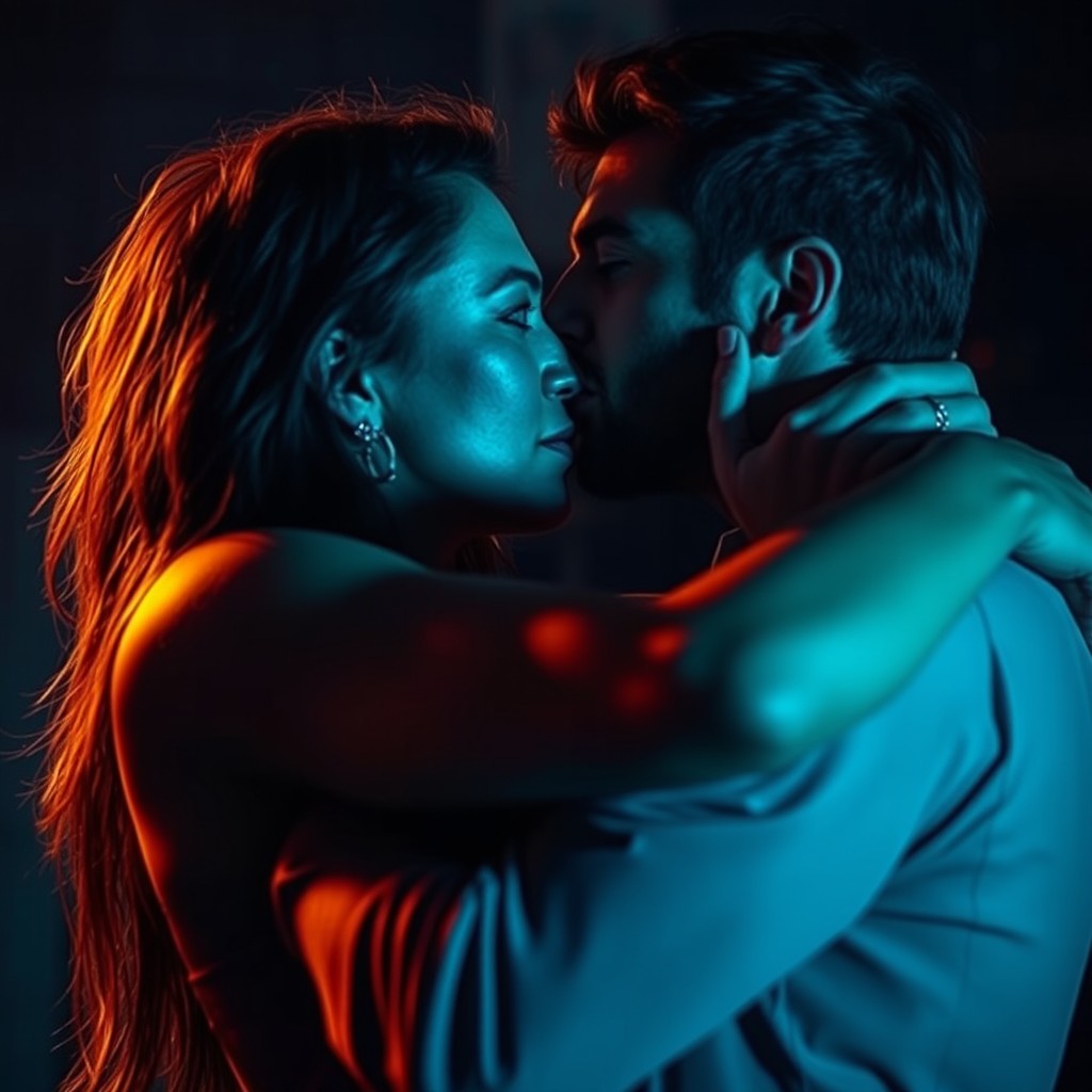 A dramatic and intense scene with a couple engaged in a passionate embrace, showcasing their strong connection and desire