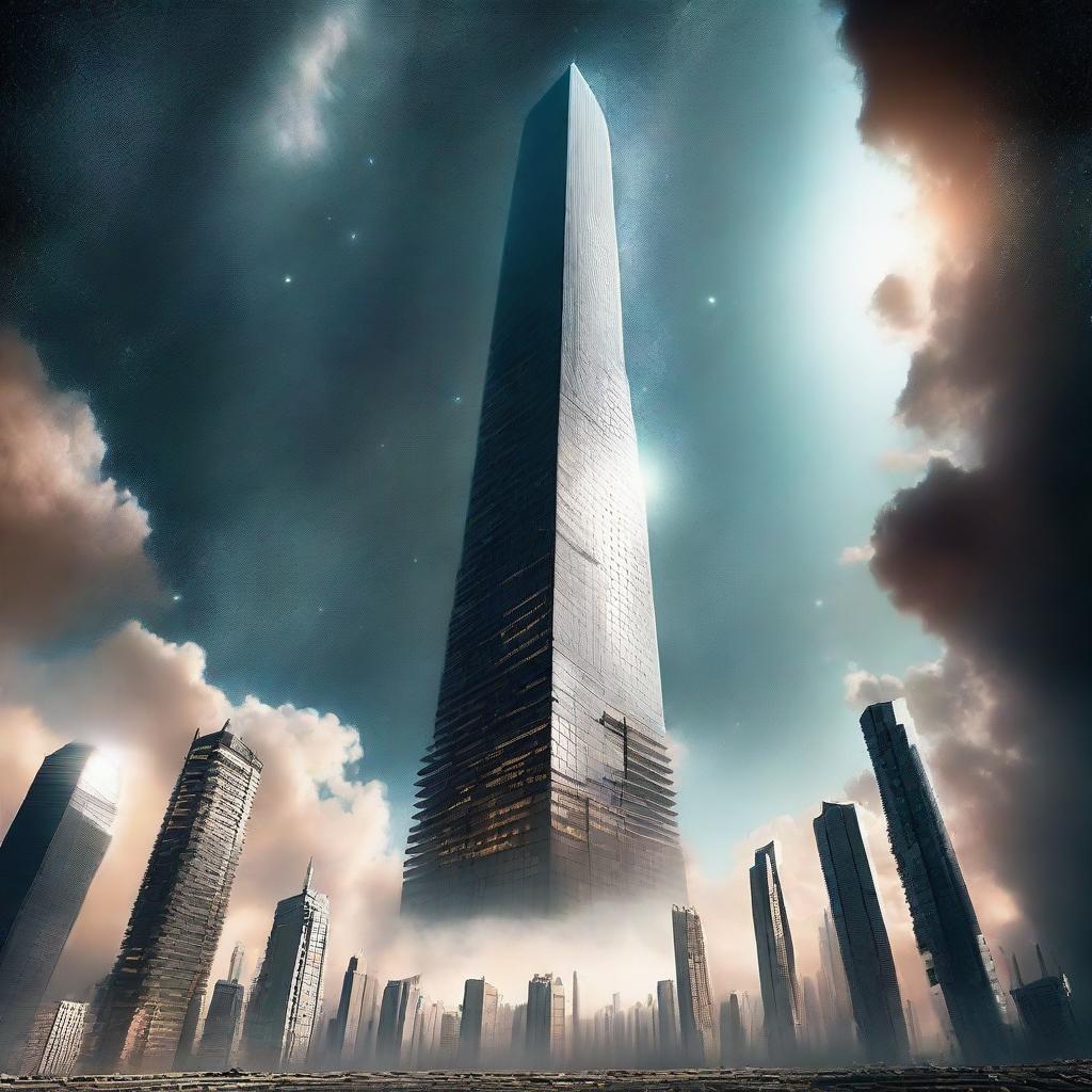 A colossal skyscraper reaching skywards, its top vanishing into the deep expanse of outer space.