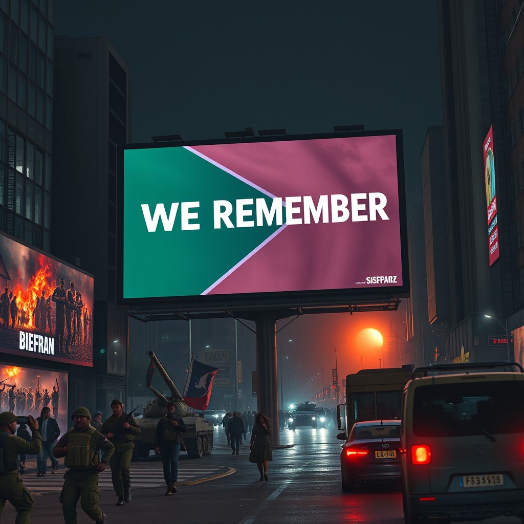 A realistic digital photograph capturing a large outdoor electronic billboard in a busy city center at night, inspired by the Biafran war