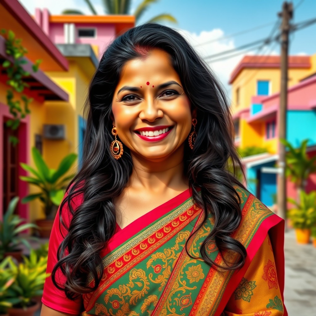 A vibrant and colorful portrait of a middle-aged Indian woman inspired by a sitcom character