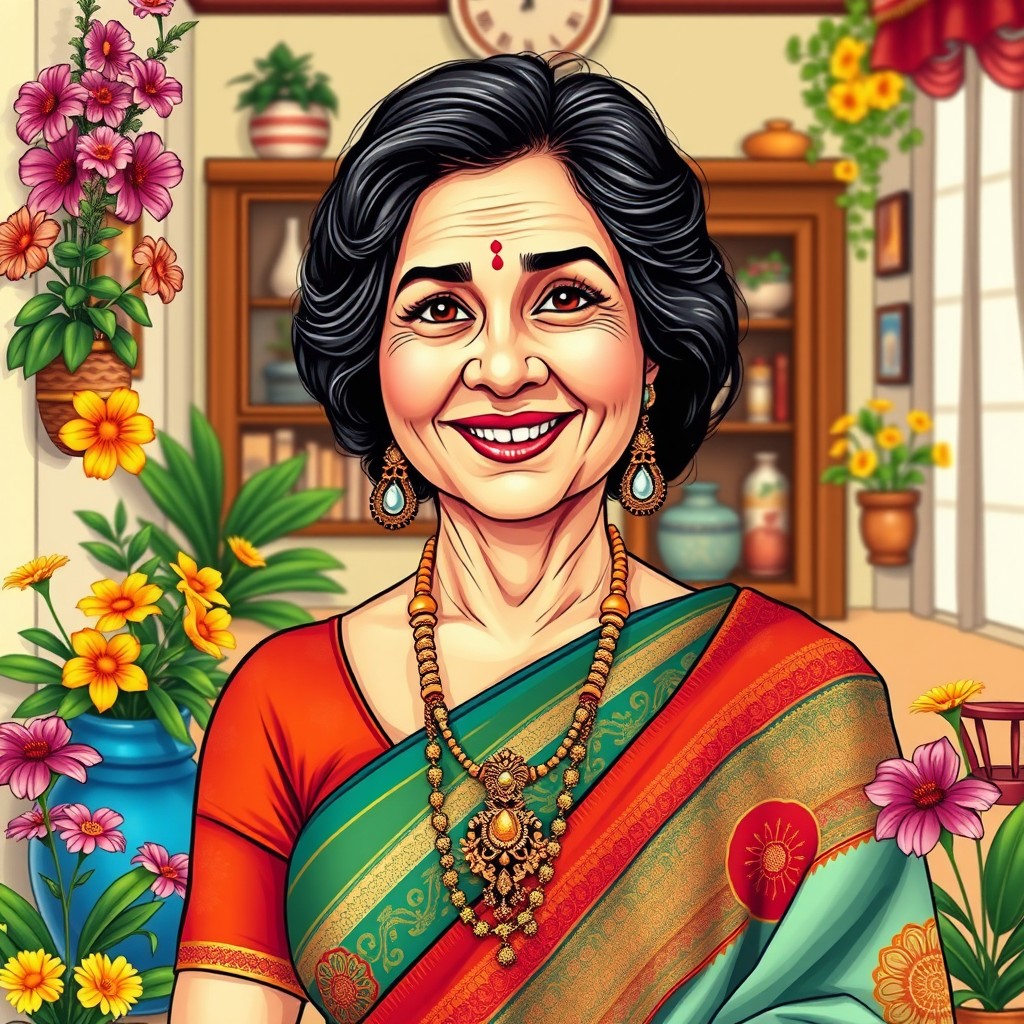 A detailed and colorful illustration of a middle-aged woman inspired by popular TV characters, wearing traditional Indian attire, including an elegant saree with bright patterns and jewelry