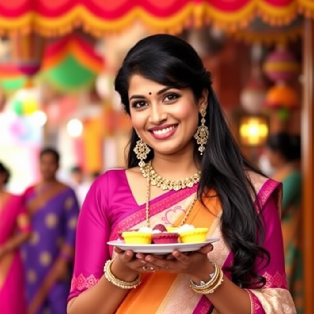 A vibrant and colorful scene of Babita Iyer from 'Taarak Mehta Ka Ooltah Chashmah'