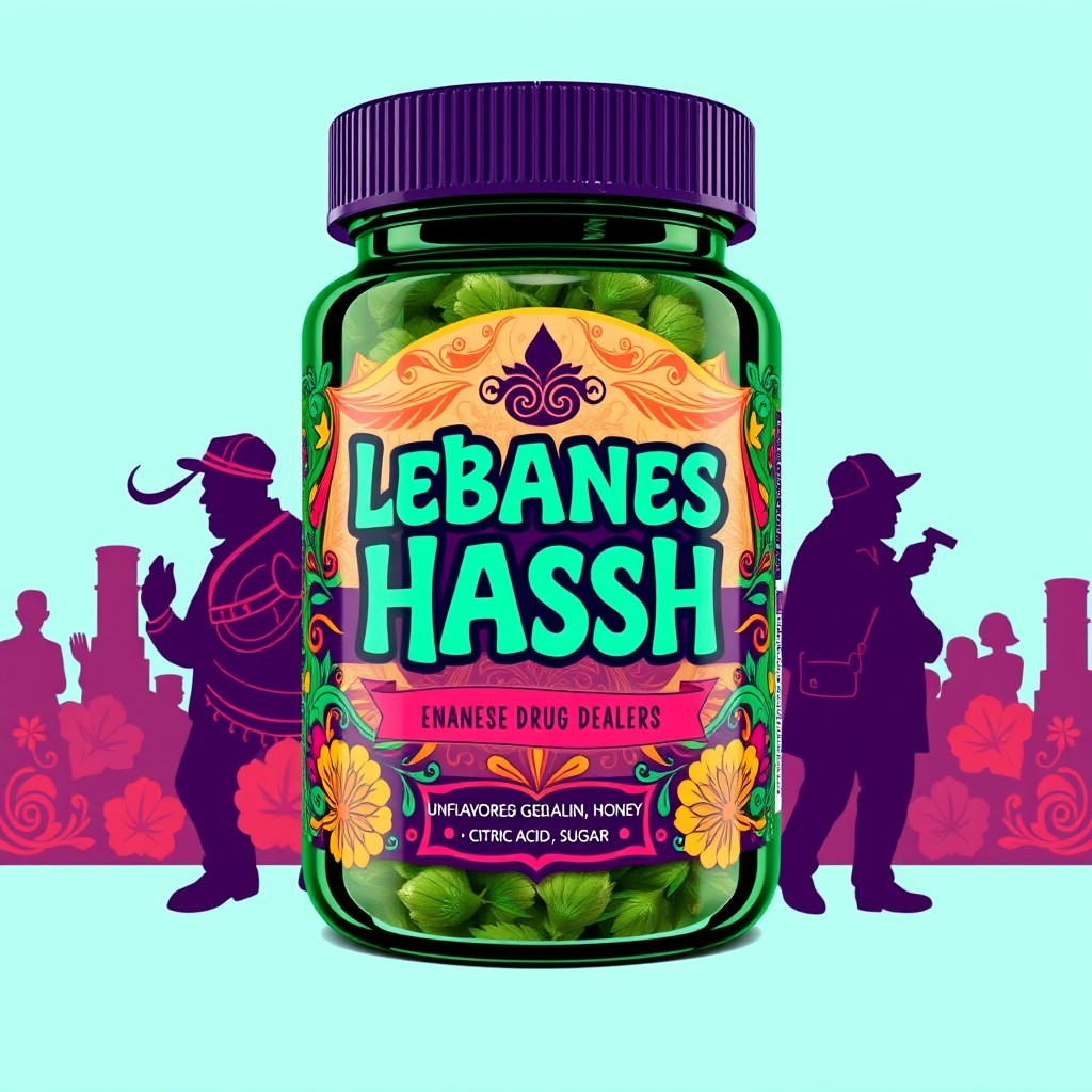 A captivating and vibrant front label design for a gummy-infused jar, prominently featuring the phrase 'Lebanese Hash' in an eye-catching font