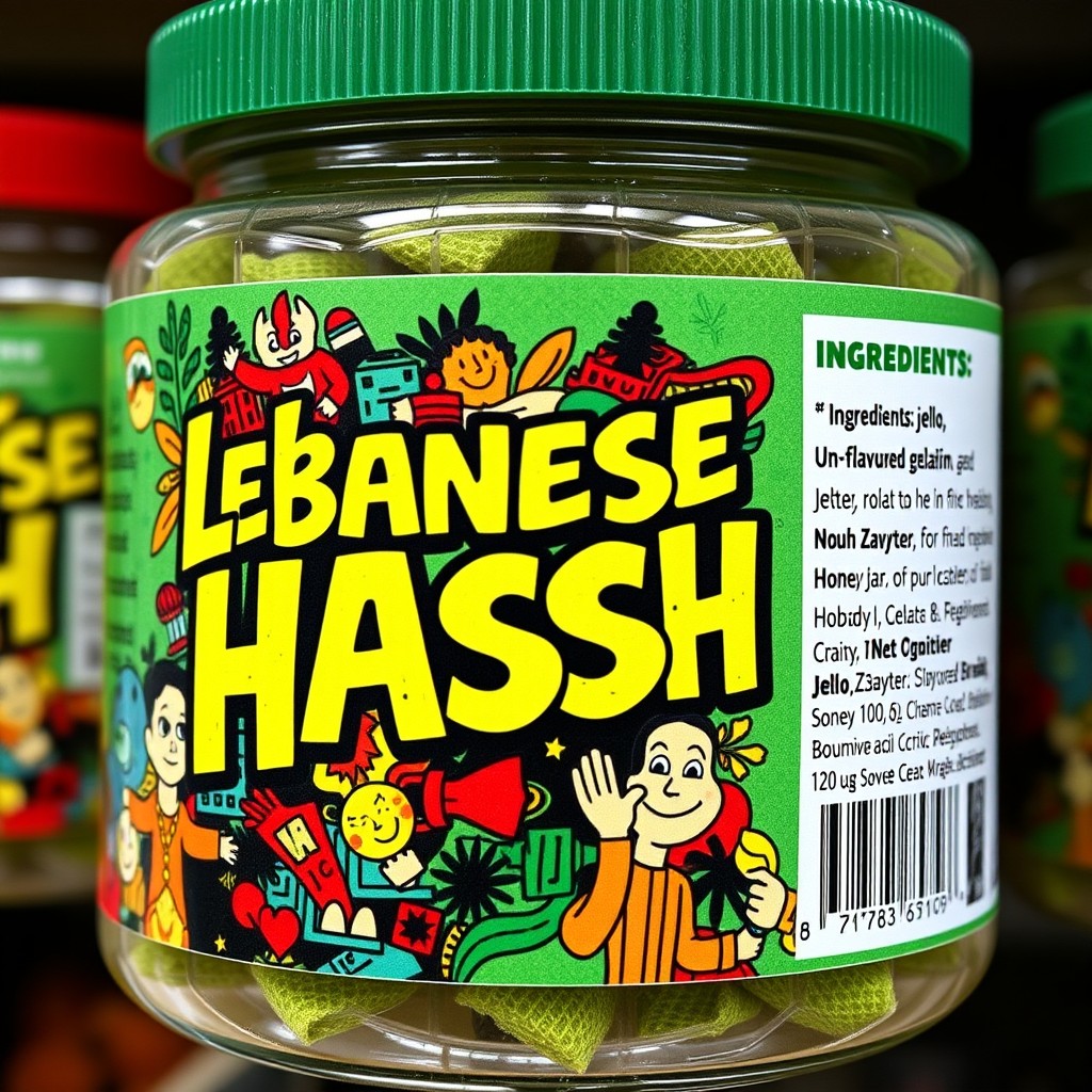 A vibrant and eye-catching label for a gummy-infused jar, prominently displaying the phrase 'Lebanese Hash' in bold, artistic typography