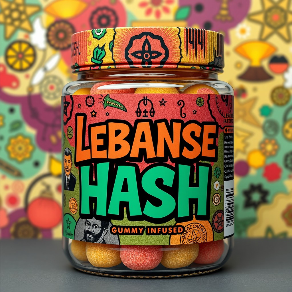 A colorful and eye-catching front label design for a gummy infused jar, prominently featuring the words 'Lebanese Hash' in bold, artistic typography
