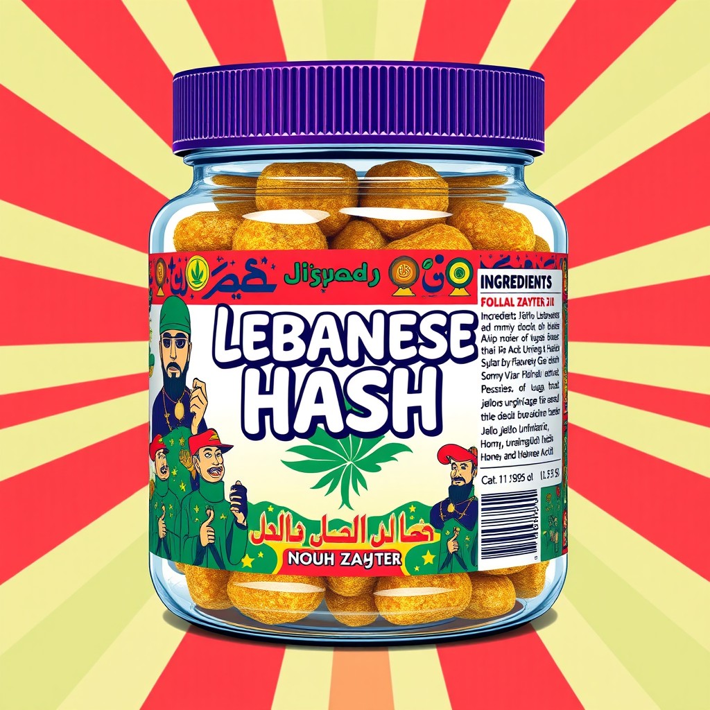 A visually striking label design for a gummy-infused jar featuring the text 'Lebanese Hash' prominently on the front