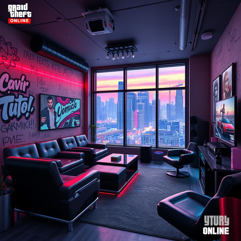 A stylish and modern room inspired by the aesthetics of Grand Theft Auto Online, featuring urban décor with graffiti on the walls, high-tech gaming consoles, comfortable seating with sleek designs, ambient neon lighting, a large window showcasing a vibrant city skyline, and accessories such as car posters and a mini bar