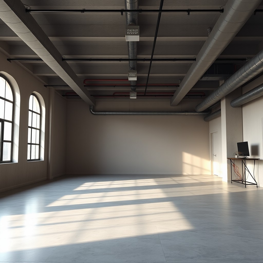 An empty, spacious room inspired by the atmosphere of Grand Theft Auto Online, featuring bare walls that are ready for personalization, a polished concrete floor, large windows allowing natural light to pour in, and ample room for customization with gaming equipment and furniture
