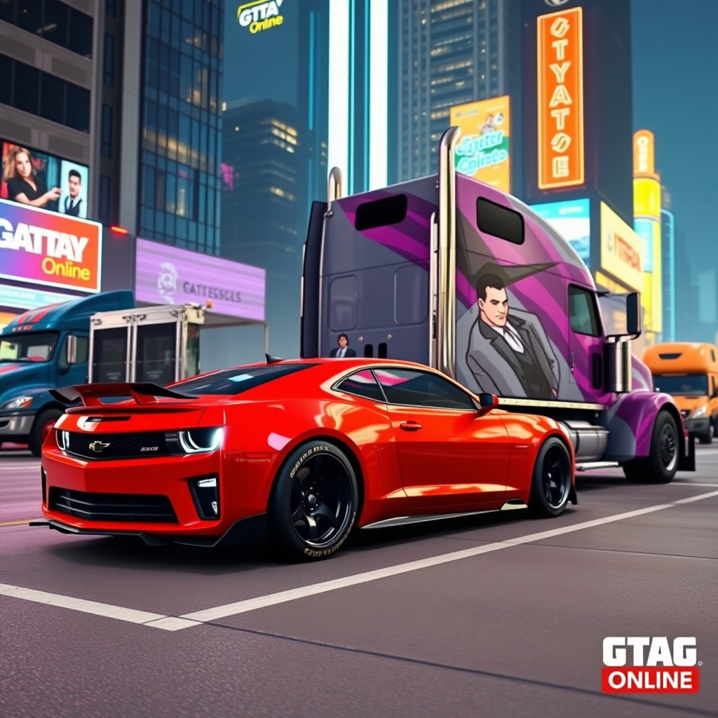 A scene in a vibrant, bustling city inspired by GTA Online, featuring a muscular, stylized Camaro parked alongside a massive semi truck with a sleek design