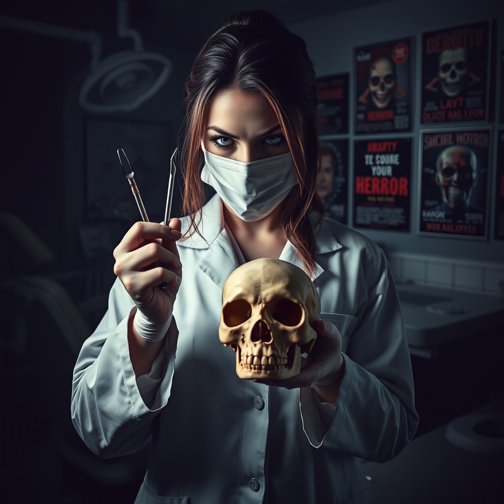 A mysterious female dentist with a sinister demeanor, wearing a white lab coat and surgical mask, holding dental tools in one hand and a skull in the other