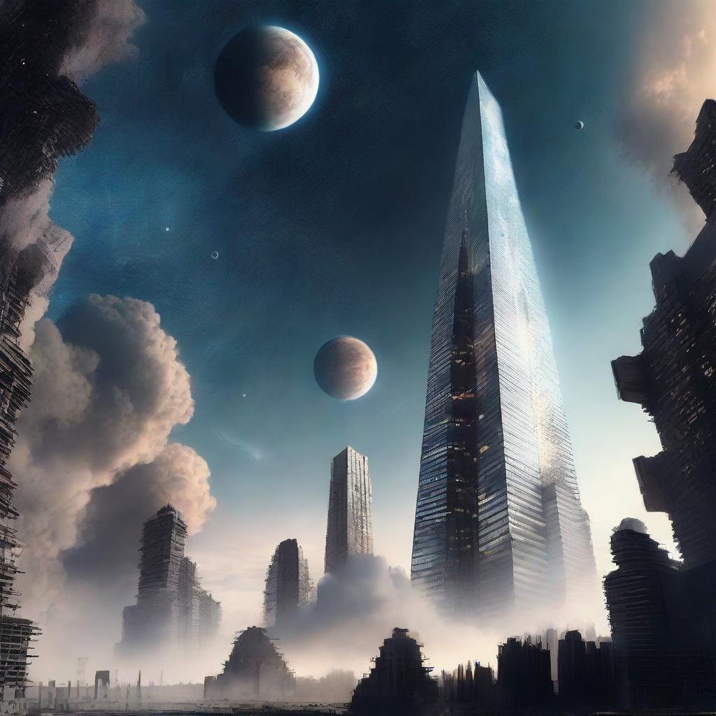 A colossal skyscraper reaching skywards, its top vanishing into the deep expanse of outer space.