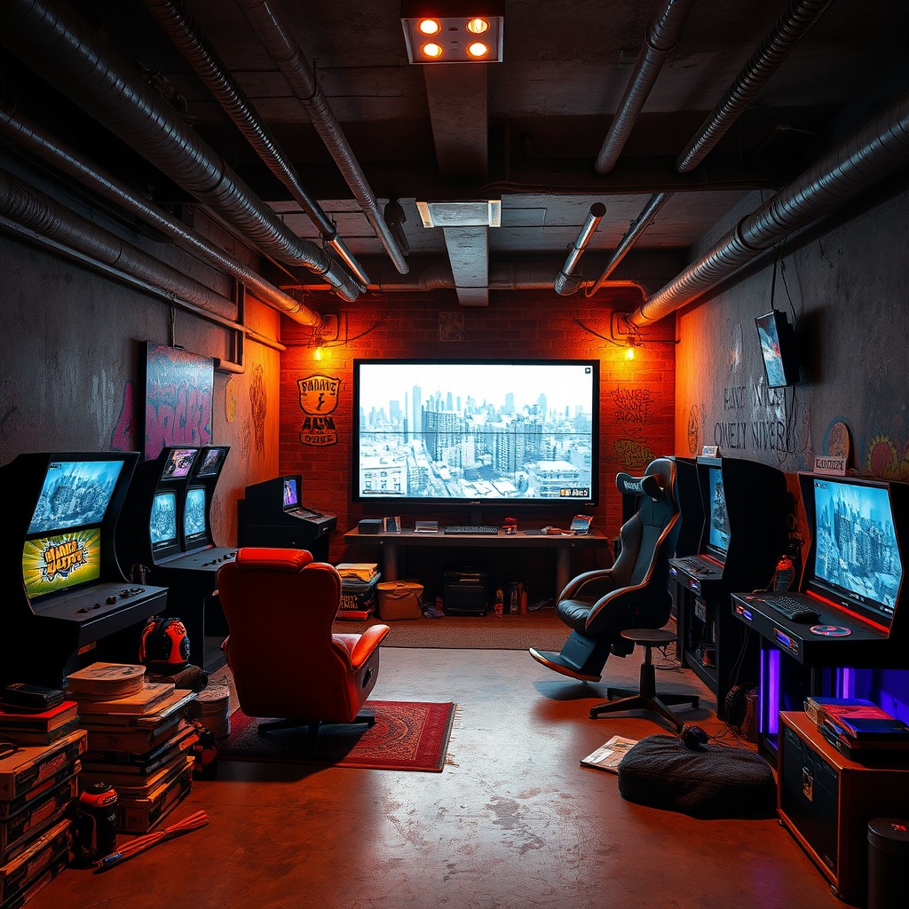 An underground room inspired by Grand Theft Auto Online, featuring a modern and gritty aesthetic