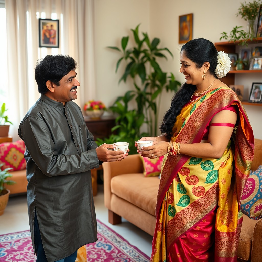 A warm and inviting scene featuring an Indian mother-in-law and her son-in-law engaged in a joyful conversation in a cozy living room