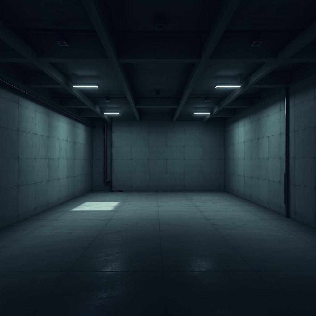 An empty underground room inspired by Grand Theft Auto Online, characterized by a stark and minimalist aesthetic