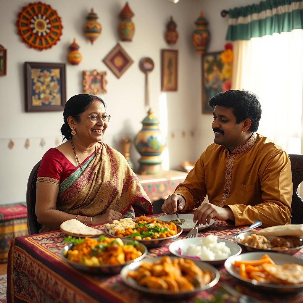 An Indian mother-in-law sitting at a traditional Indian dining table adorned with colorful decorations, smiling warmly at her son-in-law who is enjoying a homemade meal