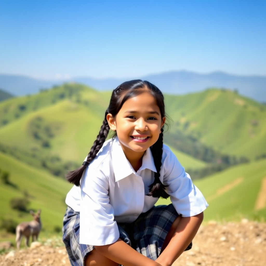 A Nepali school girl in a traditional school uniform, squatting gracefully