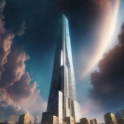 A colossal skyscraper reaching skywards, its top vanishing into the deep expanse of outer space.