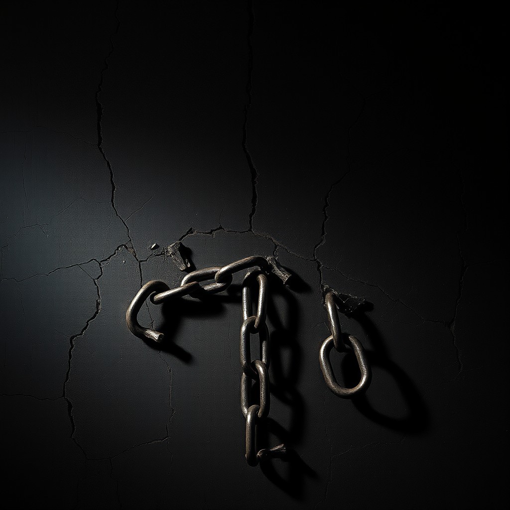 An abstract dark background featuring broken chains symbolizing the breaking of silence and the struggle against oppression, incorporating a cracked wall that adds texture and depth to the image