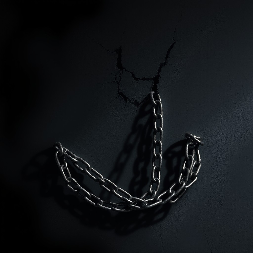 An abstract dark background featuring broken chains intertwined with a cracked wall, symbolizing the breaking of silence and the struggle against oppression