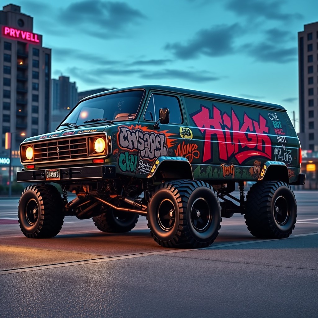 A 1980 Dodge b-Series Custom Van modified into an impressive 6x6 vehicle, inspired by gang family aesthetics from GTA 5