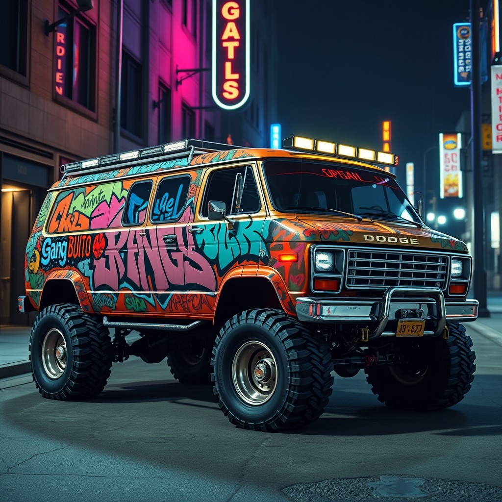 A striking 1980 Dodge b-Series Custom Van transformed into a 6x6 vehicle, capturing the essence of gang family style from GTA 5