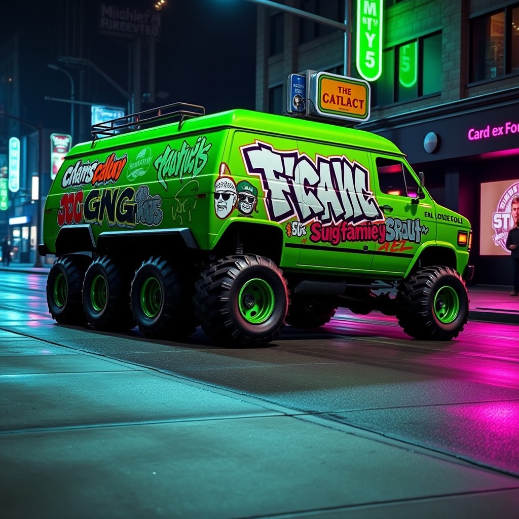 A 1980 Dodge b-Series Custom Van transformed into a 6x6 vehicle, featuring a vibrant green color that embodies the gang family style from GTA 5