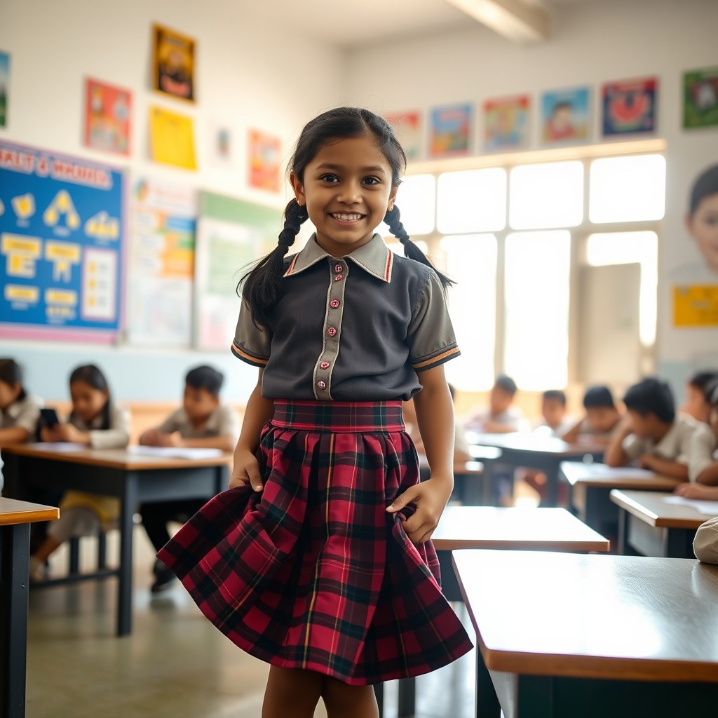 A vibrant classroom scene with a young Nepali school girl, wearing a traditional school uniform with a plaid skirt and a blouse
