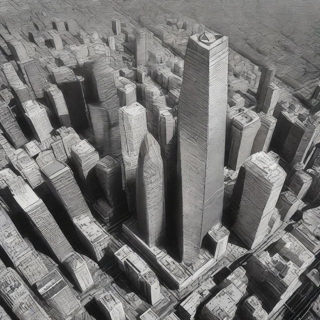 Bird's-eye view of an enormous skyscraper, its peak lost in the vastness of space.