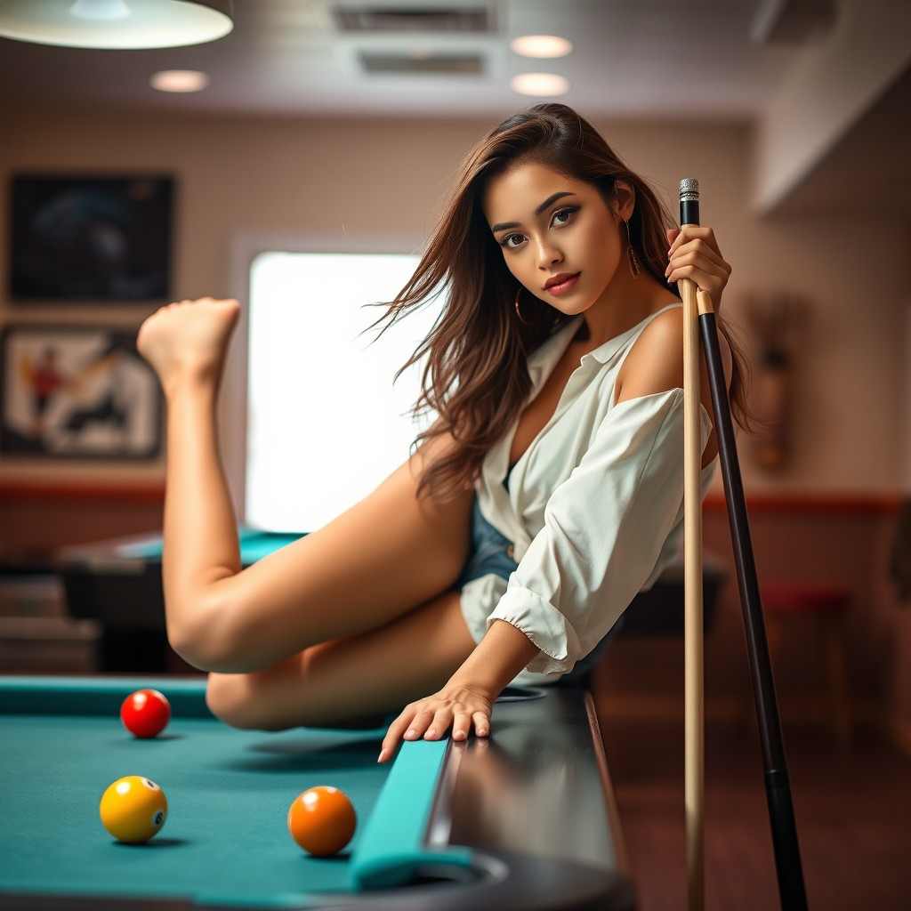 A young woman casually leaning on a pool table, playfully positioning one leg on the edge, exuding a relaxed and confident vibe