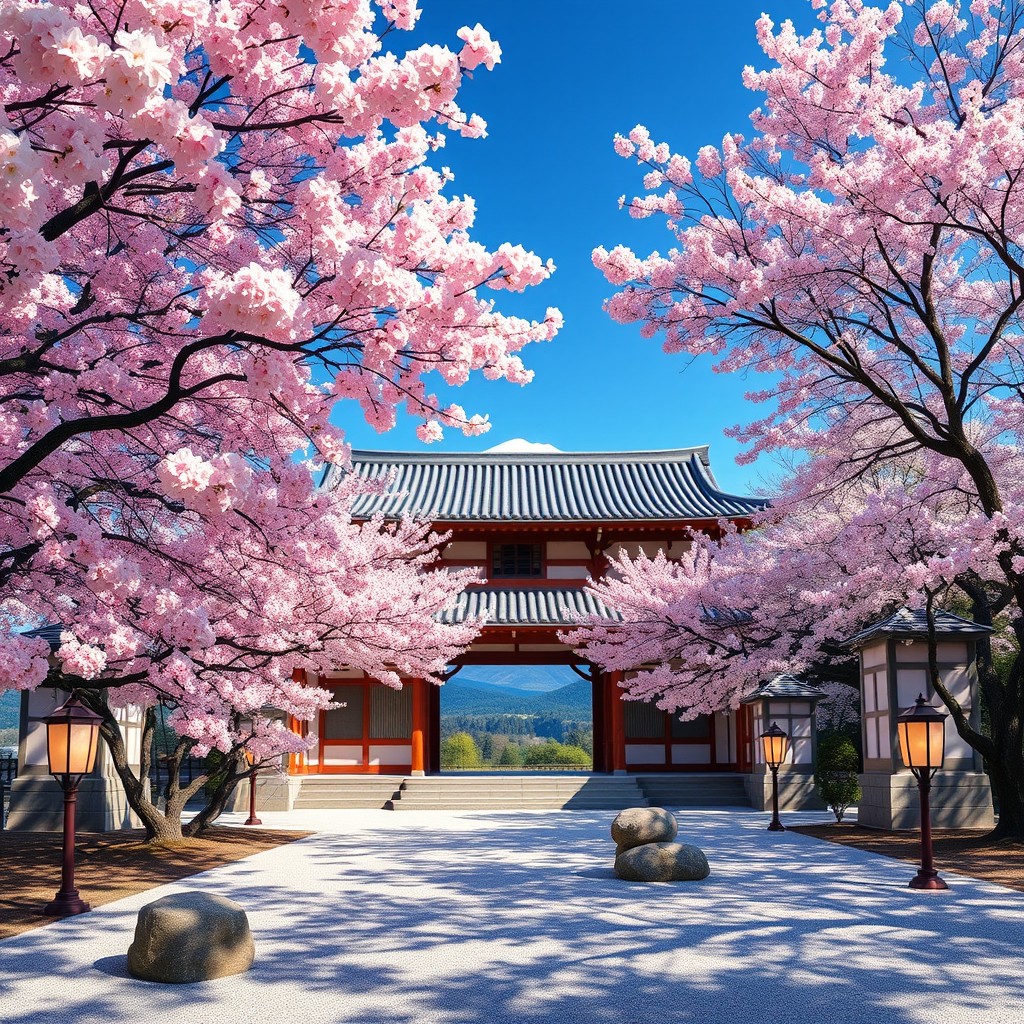 A beautiful depiction of traditional Japanese architecture, showcasing a serene temple surrounded by lush cherry blossom trees in full bloom