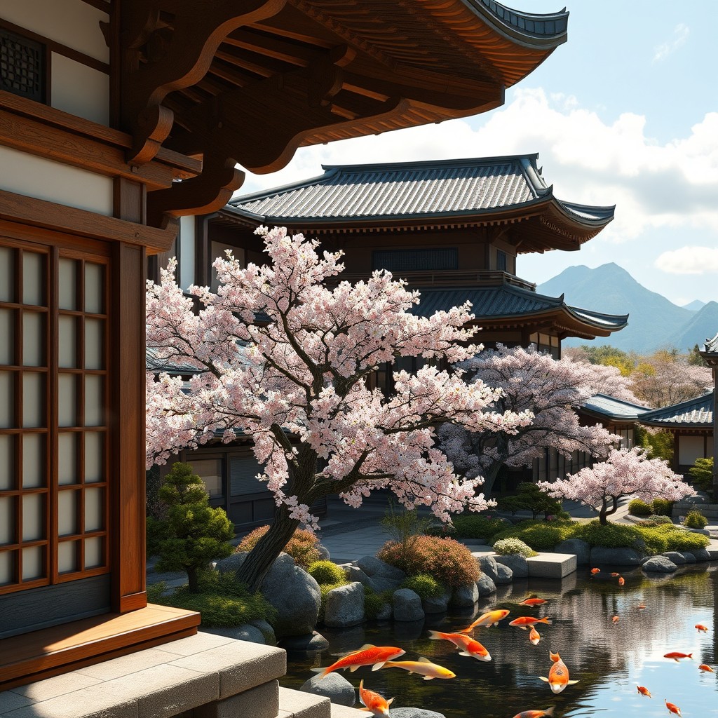 Detailed scene of traditional Japanese architecture showcasing an array of elements such as intricately designed wooden structures, curved roofs with ornate eaves, and sliding shoji doors
