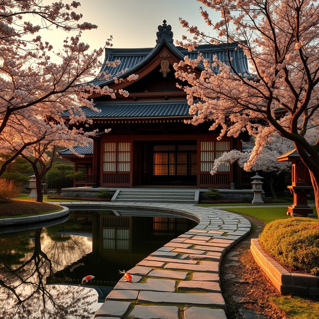 A stunning representation of traditional Japanese era architecture, featuring a serene wooden temple surrounded by lush greenery and blooming cherry blossoms