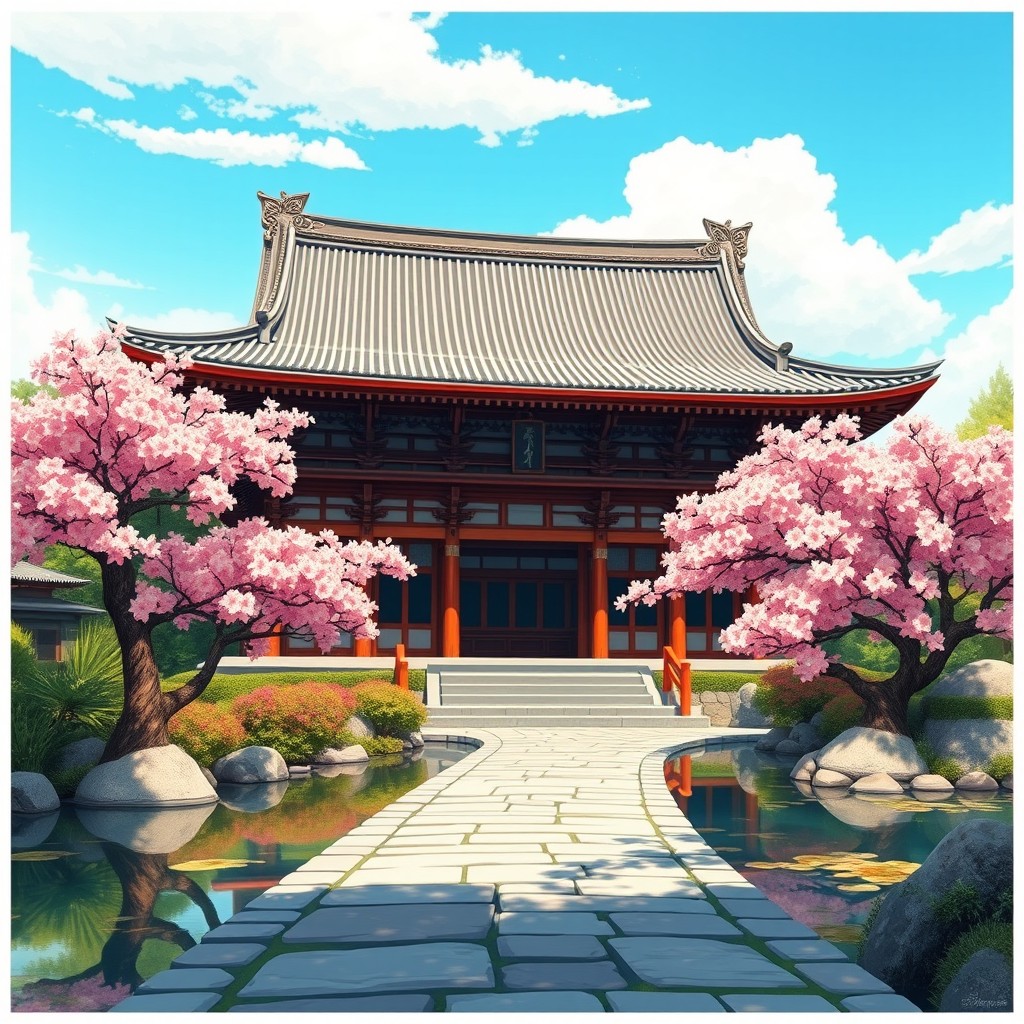 A stunning depiction of traditional Japanese architecture, featuring a serene temple with ornate wooden details, gracefully curved roofs, and intricate carvings