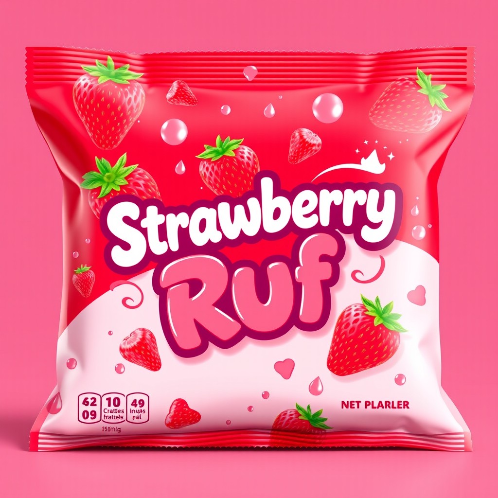 A vibrant candy packaging design for a new strawberry-flavored candy called 'Strawberry Ruf
