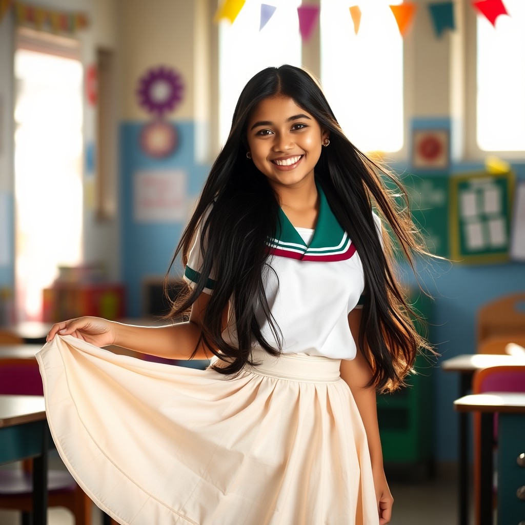 A beautiful young woman in a traditional Nepali school uniform, playfully lifting her skirt with a bright smile