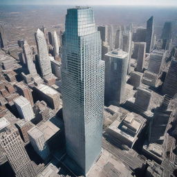 Bird's-eye view of an enormous skyscraper, its peak lost in the vastness of space.