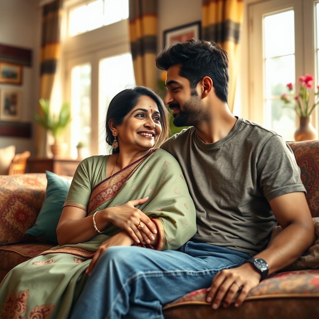 A warm, affectionate scene featuring an Indian mother and her adult son sharing a tender moment at home