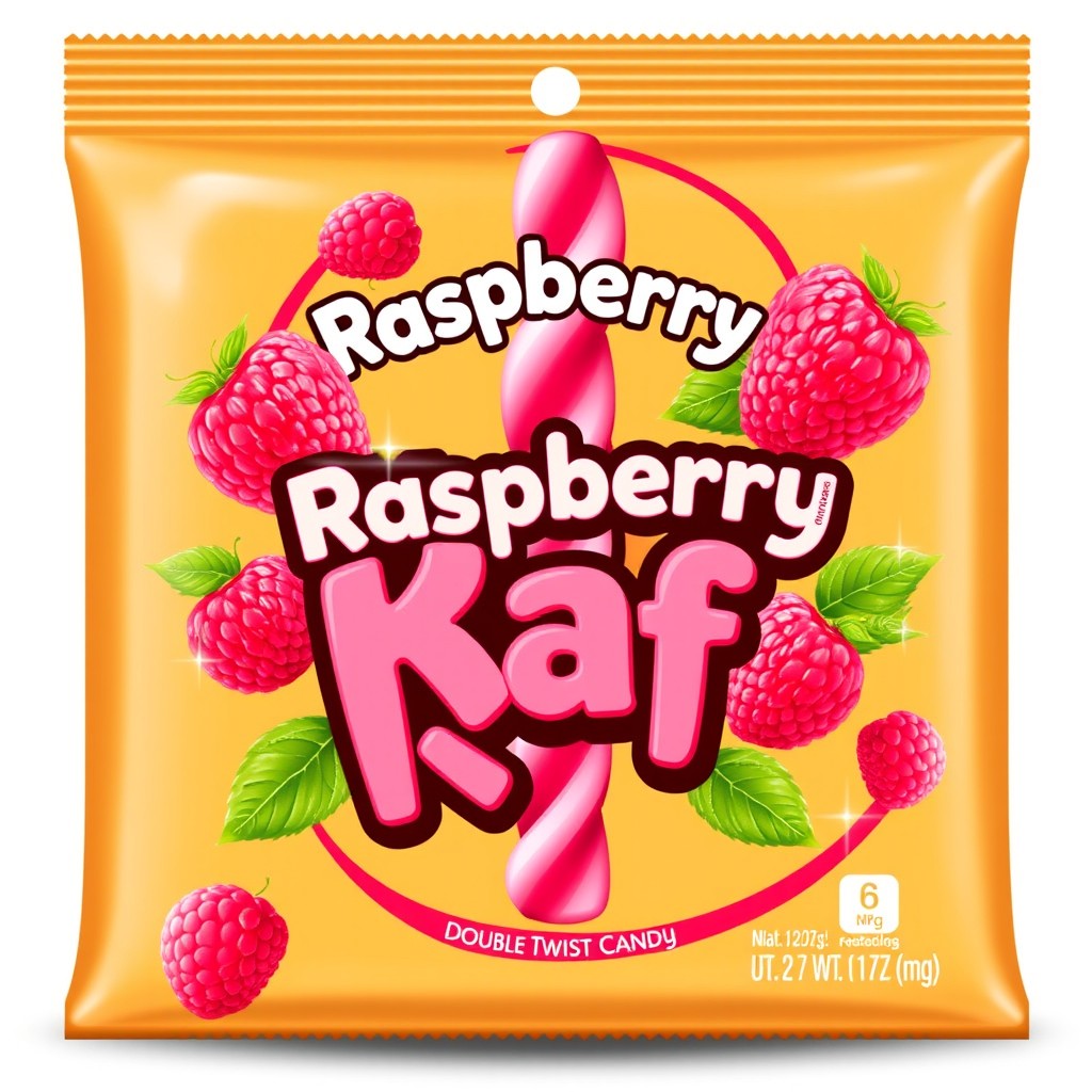 A vibrant and eye-catching packaging design for a new double twist candy called 'Raspberry Raf