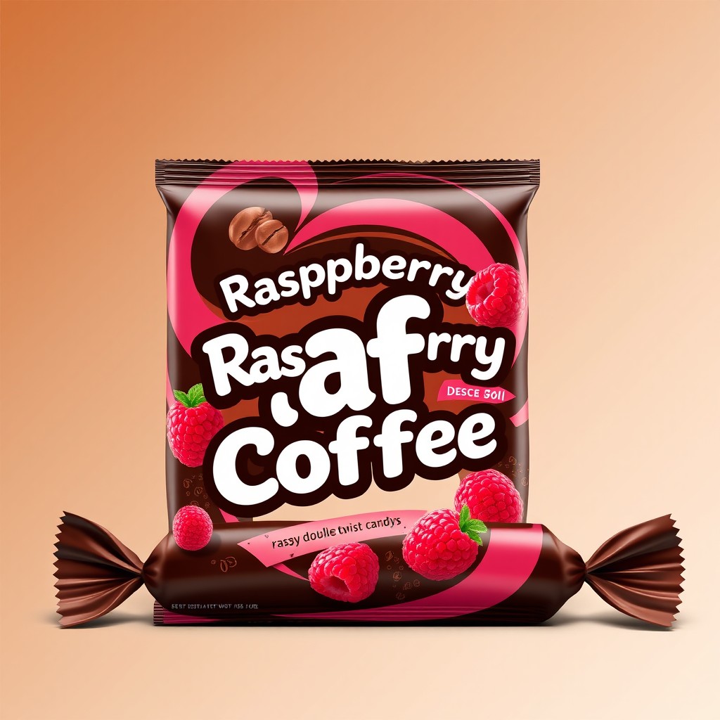 A striking and flavorful packaging design for a new double twist candy called 'Raspberry Raf Coffee