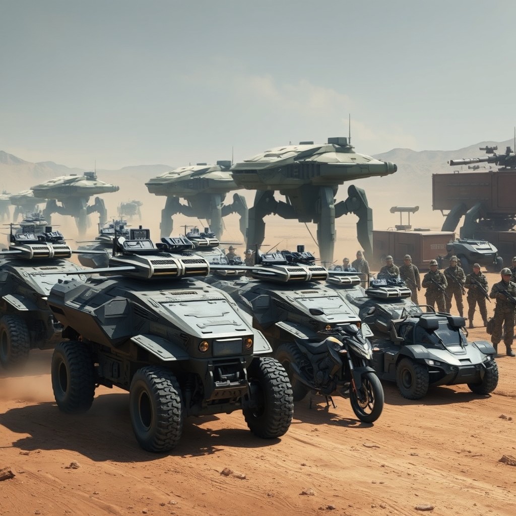 A striking military scene depicting a convoy of advanced armored warfare vehicles in a futuristic setting