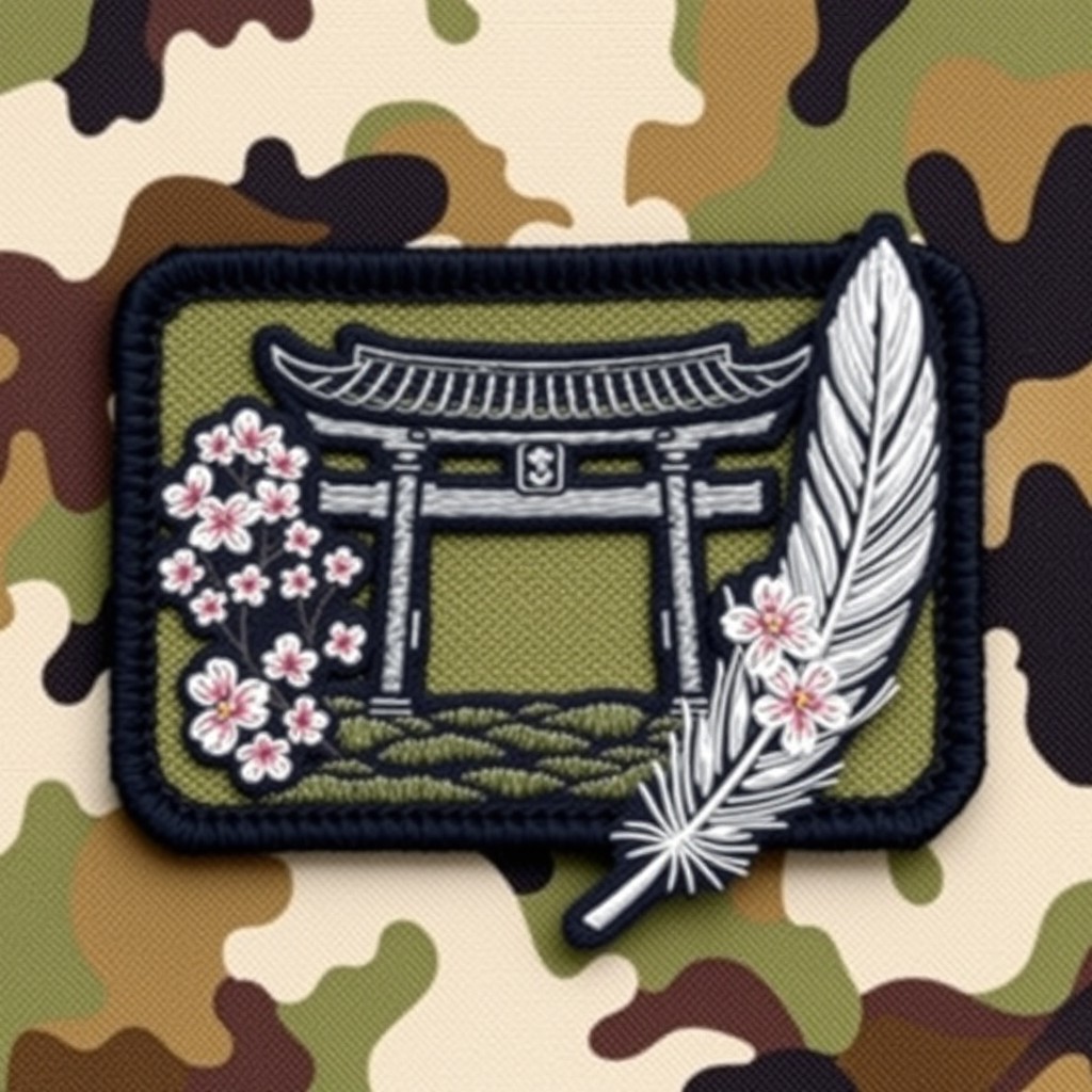 A camouflage military patch featuring a traditional Tori gate, surrounded by delicate cherry blossoms in full bloom, and an elegantly designed quill positioned alongside