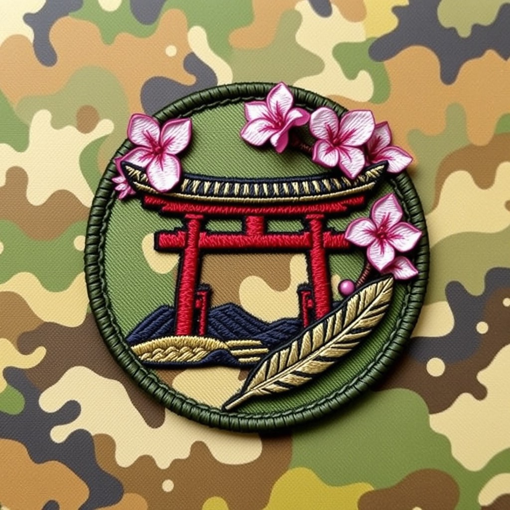 A unique military patch design featuring a camouflage background with a traditional Tori gate intricately integrated into the pattern