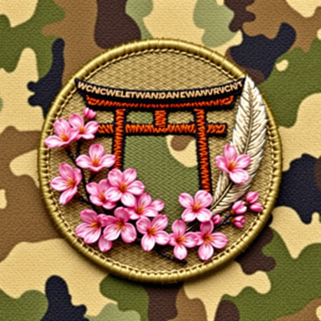 A camouflage military patch design featuring a Tori gate (Japanese shrine gate) surrounded by delicate cherry blossoms in full bloom, complemented by an elegant quill